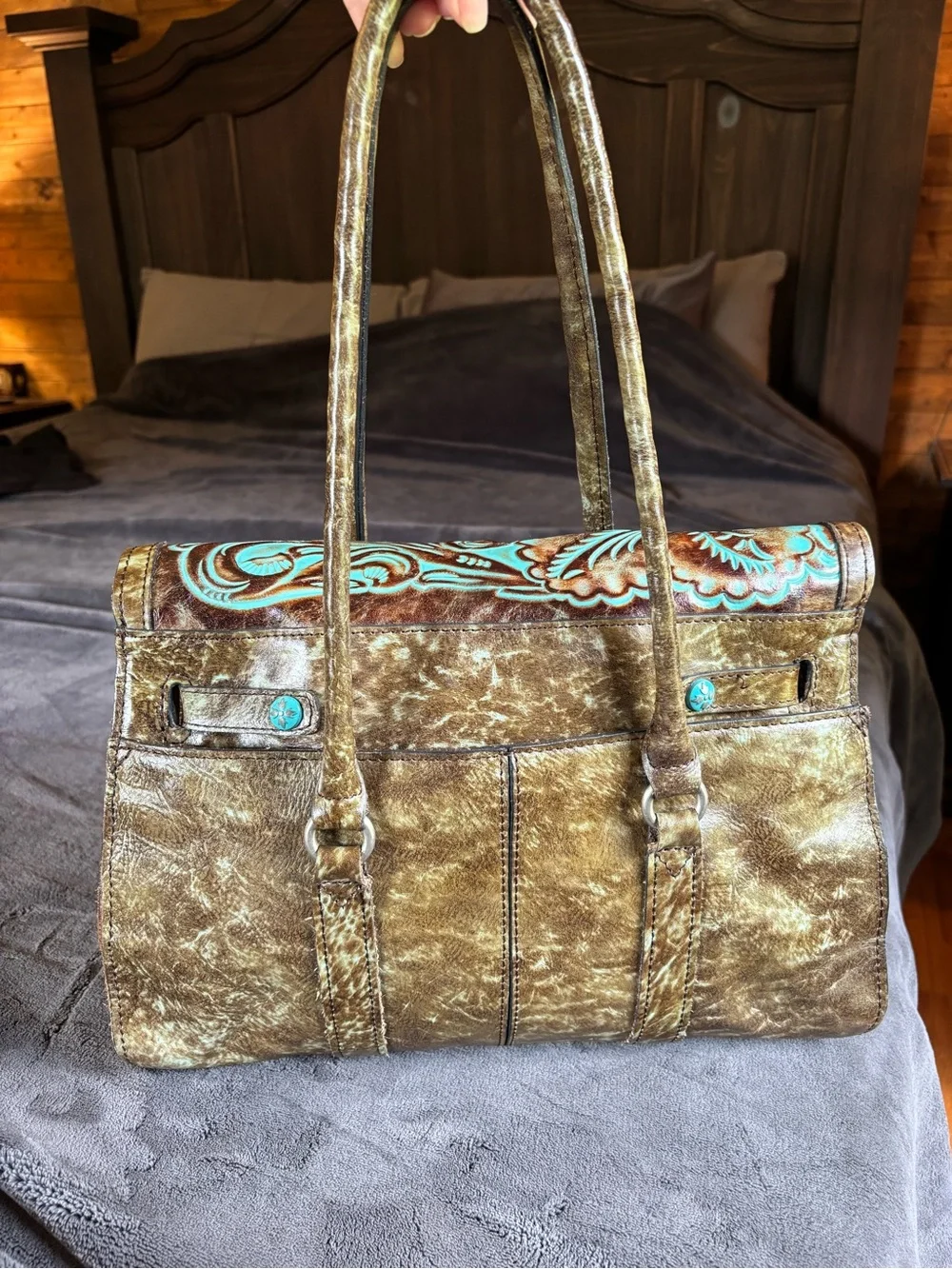 Patricia Nash Italian Leather Vienna Satchel, Tooled Turquoise, Like New Purse